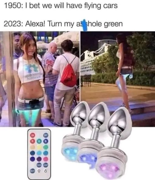 Funny, Sex Memes, 1950: I bet we will have flying cars. 2023: Alexa! Turn my asshole green