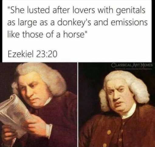Funny Memes, Religious Memes, She lusted after lovers with genitals as large as a donky's and emissions like those of a horse. - Ezekiel 23:20