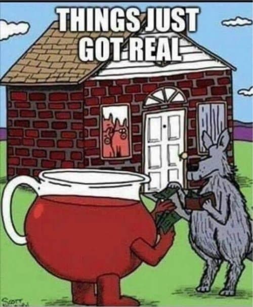 Fairy Tale Memes, Funniest Memes, Wholesome Family Friendly, Wolf hiring the kool aid man - things just got real