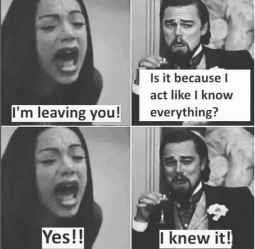 Dating Memes, Funniest Memes, Leonardo Dicaprio, Relationship Memes, I'm leaving you - Is it because I act like I know everything? - yes - I knew it.