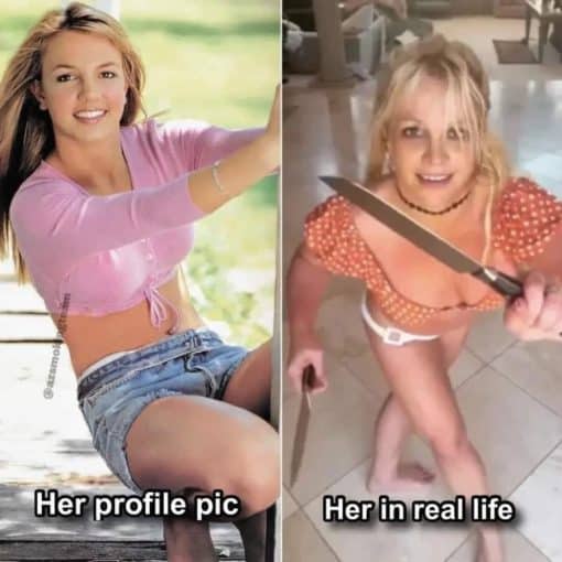 Britney Spears Memes, Dating Memes, Funniest Memes, Relationship Memes, Tinder Profile Memes, Her profile pic. Her in real life
