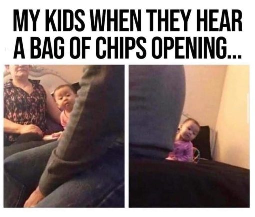 Food Memes, Funniest Memes, Kid Memes MY KIDS WHEN THEY HEAR A BAG OF CHIPS OPENING  