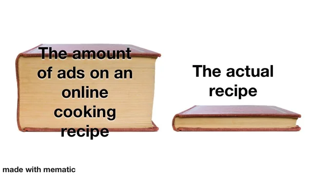 Food Memes, Funniest Memes The amount of ads on an online cooking recipe The actual recipe