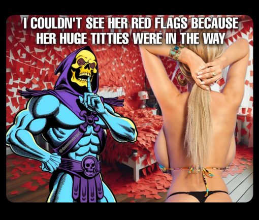 Boob Memes, Funniest Memes, Skeletor Memes  I COULDN T SEE HER RED FLAGS BECAUSE HER HUGE TITTIES