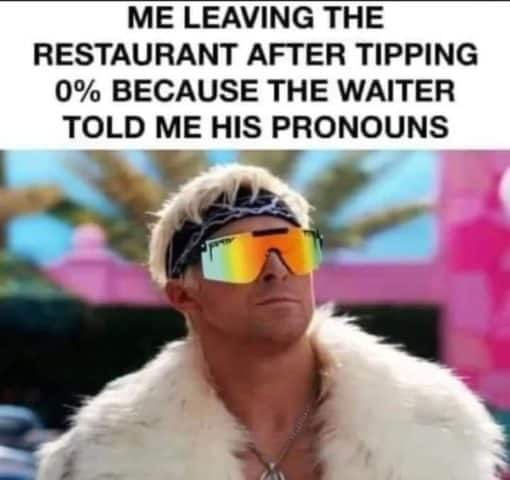 Funniest Memes, Tipping Memes, Woke Idiot Memes No Tip for Pronouns
