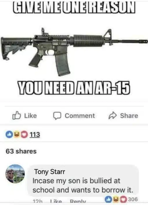 Dark Humor, Funniest Memes, Gun Memes Give me one reason someone needs a AR 15