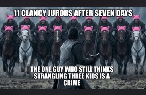 Child Abuse Memes, Choking Memes, Current Event Memes, Dark Humor, Funniest Memes, Game of Thrones, Homicide Memes, Law Memes, Lindsay Clancy, News Memes, Offensive Memes, Tragedy Memes, TV Series Memes, The meme uses a dramatic battlefield image from a medieval-style fantasy battle: a lone swordsman stands with his back to the viewer, facing a full line of mounted riders charging directly toward him. The riders have bright pink hats edited onto them, making the army look oddly coordinated and absurd against the grim, muddy war-scene backdrop.