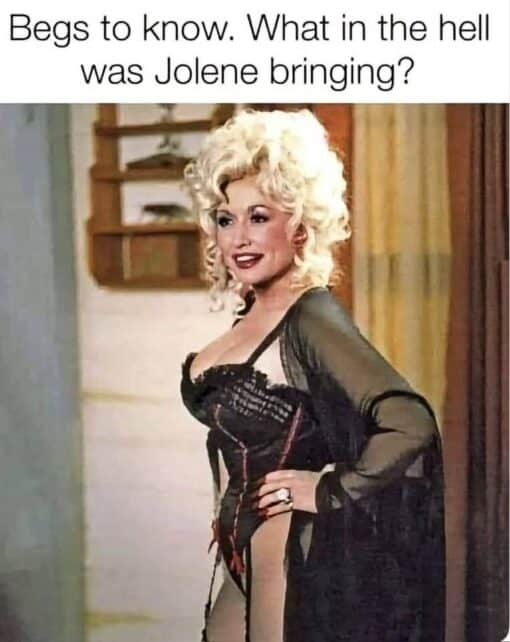 Celebrity Memes, Country Music Memes, Double Meaning Memes, Funniest Memes, Funny Text Memes, Innuendo Memes, Jealousy Memes, Music Memes, Pop Culture Memes, Relationship Memes, Song Memes, Women Memes, The meme shows a glamorous vintage shot of Dolly Parton standing indoors, posed with one hand on her hip. She has towering platinum-blonde hair, a bright smile, dramatic stage makeup, and a revealing black outfit with sheer sleeves, giving the image a bold, larger-than-life country-star look. Above the photo, the caption reads: “Begs to know. What in the hell was Jolene bringing?” The clean white header and simple black text make the joke land quickly, while the image supplies the punchline through Dolly’s confident, eye-catching appearance.