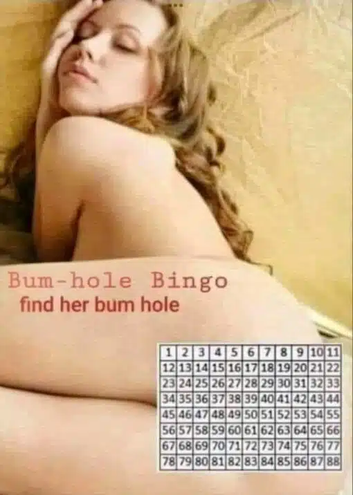 Ass Memes, Butt Memes, Dirty Mind Memes, Funniest Memes, Gross Memes, Immature Memes, Nasty Memes, NSFW, Sex Games Memes, Sex Memes, When You See It, WTF Memes, The image shows a nude or nearly nude woman posed on her side against a warm, beige background, cropped so that her body fills most of the frame. Over the lower part of the image, large red text reads “Bum-hole Bingo” with the instruction “find her bum hole,” turning the photo into a crude visual puzzle. In the bottom-right corner, there is a small numbered bingo-style grid running from 1 to 88, implying that viewers are supposed to choose a square where they think the hidden body part is located. The whole design resembles a low-effort internet challenge or “spot the thing” puzzle, but with intentionally raunchy subject matter.
