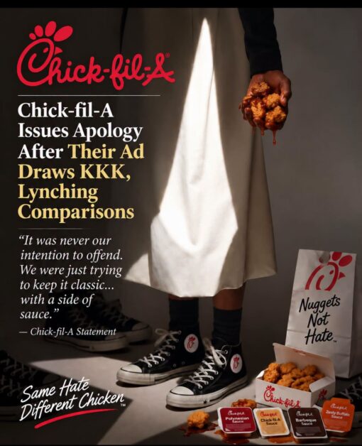 Chick-Fil-A Memes, Chicken Memes, Commercial Memes, Corporation Memes, Current Event Memes, Dark Humor, Fast Food Memes, Food Memes, Funniest Memes, KKK Memes, News Memes, Offensive Memes, Racist Memes, The image is styled like a glossy, dramatic Chick-fil-A advertisement or faux magazine spread: the red Chick-fil-A logo sits at the top, while a person in black high-top sneakers stands under stark lighting beside nuggets, sauce packets, and branded takeout packaging. A bright triangular white shape in the center of the clothing/lighting becomes the visual focal point, giving the whole ad a tense, uncomfortable double image. The left side carries a fake headline about Chick-fil-A apologizing after an ad drew “KKK” and “lynching” comparisons, followed by a mock corporate statement. At the bottom, slogan-like phrases — “Same Hate Different Chicken ™” and “Nuggets Not Hate ™” — parody the polished language of brand campaigns and crisis PR.