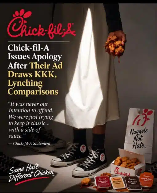 Chick-Fil-A Memes, Chicken Memes, Commercial Memes, Corporation Memes, Current Event Memes, Dark Humor, Fast Food Memes, Food Memes, Funniest Memes, KKK Memes, News Memes, Offensive Memes, Racist Memes, The image is styled like a glossy, dramatic Chick-fil-A advertisement or faux magazine spread: the red Chick-fil-A logo sits at the top, while a person in black high-top sneakers stands under stark lighting beside nuggets, sauce packets, and branded takeout packaging. A bright triangular white shape in the center of the clothing/lighting becomes the visual focal point, giving the whole ad a tense, uncomfortable double image. The left side carries a fake headline about Chick-fil-A apologizing after an ad drew “KKK” and “lynching” comparisons, followed by a mock corporate statement. At the bottom, slogan-like phrases — “Same Hate Different Chicken ™” and “Nuggets Not Hate ™” — parody the polished language of brand campaigns and crisis PR.