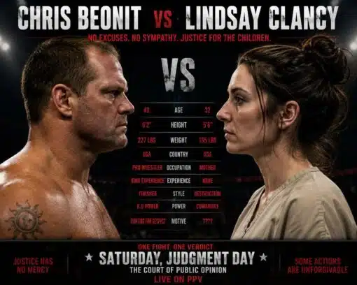 Child Abuse Memes, Current Event Memes, Dark Humor, Fake Movie Posters, Fight Memes, Funniest Memes, Homicide Memes, Judgement Memes, Law Memes, News Memes, Offensive Memes, Tragedy Memes, Wrestling Memes, The image is styled like an intense combat-sports pay-per-view poster: two grim, hyper-realistic profile portraits face each other under stadium lights, with huge block lettering announcing “CHRIS BEONIT vs LINDSAY CLANCY.” A central stat card compares them like fighters before a bout, listing age, height, weight, country, occupation, experience, style, power, and motive. The design uses black, white, and blood-red typography to make the whole thing feel like a UFC/WWE grudge match advertisement. The bottom sells the imaginary event as “SATURDAY, JUDGMENT DAY,” staged in “THE COURT OF PUBLIC OPINION,” with taglines about justice, mercy, and unforgivable actions.