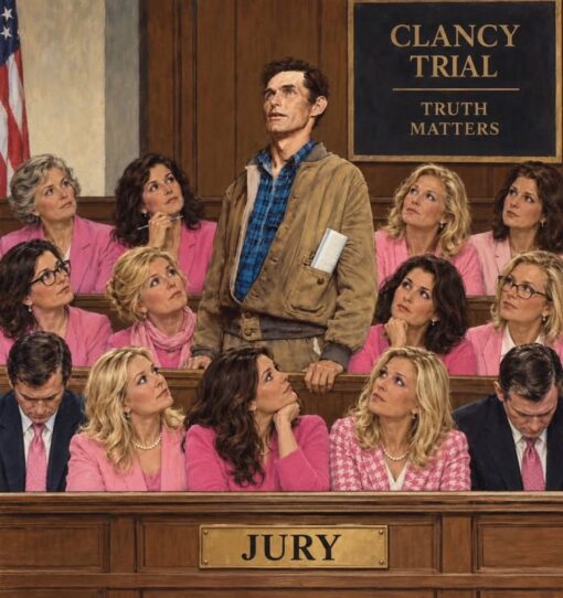 Current Event Memes, Dark Humor, Funniest Memes, Homicide Memes, Judgement Memes, Law Memes, Lindsay Clancy, News Memes, Women Memes, The image is a dramatic, courtroom-style illustration with warm wood paneling, an American flag at the edge, and a large black-and-gold sign reading “CLANCY TRIAL” and “TRUTH MATTERS.” In the jury box, a thin, anxious-looking man stands upright in a tan jacket and blue plaid shirt, clutching papers while nearly everyone around him looks up at him.