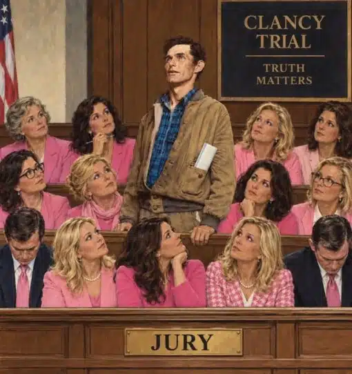 Current Event Memes, Dark Humor, Funniest Memes, Homicide Memes, Judgement Memes, Law Memes, Lindsay Clancy, News Memes, Women Memes, The image is a dramatic, courtroom-style illustration with warm wood paneling, an American flag at the edge, and a large black-and-gold sign reading “CLANCY TRIAL” and “TRUTH MATTERS.” In the jury box, a thin, anxious-looking man stands upright in a tan jacket and blue plaid shirt, clutching papers while nearly everyone around him looks up at him.