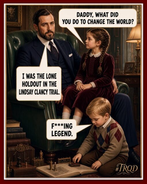 Conversation Memes, Current Event Memes, Dad Memes, Dark Humor, Family Memes, Funniest Memes, Judgement Memes, Kid Memes, Law Memes, Lindsay Clancy, News Memes, Offensive Memes, Tragedy Memes, A glossy, old-fashioned portrait-style scene shows a serious, well-dressed father seated in a green leather armchair in a richly decorated study, with two young children gathered around him. The daughter sits on his lap looking up at him, while a younger boy plays near books and small objects on the floor, giving the image a staged, generational “tell us your legacy” feeling. Large comic speech bubbles turn the formal family tableau into a meme: the child asks, “DADDY, WHAT DID YOU DO TO CHANGE THE WORLD?” The father answers that he was “the lone holdout in the Lindsay Clancy trial,” and the little boy replies, “F***ING LEGEND,” with “#TRQD” in the corner.