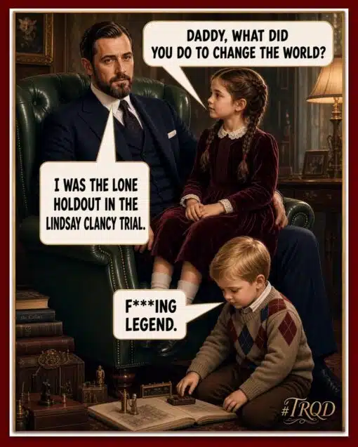 Conversation Memes, Current Event Memes, Dad Memes, Dark Humor, Family Memes, Funniest Memes, Judgement Memes, Kid Memes, Law Memes, Lindsay Clancy, News Memes, Offensive Memes, Tragedy Memes, A glossy, old-fashioned portrait-style scene shows a serious, well-dressed father seated in a green leather armchair in a richly decorated study, with two young children gathered around him. The daughter sits on his lap looking up at him, while a younger boy plays near books and small objects on the floor, giving the image a staged, generational “tell us your legacy” feeling. Large comic speech bubbles turn the formal family tableau into a meme: the child asks, “DADDY, WHAT DID YOU DO TO CHANGE THE WORLD?” The father answers that he was “the lone holdout in the Lindsay Clancy trial,” and the little boy replies, “F***ING LEGEND,” with “#TRQD” in the corner.