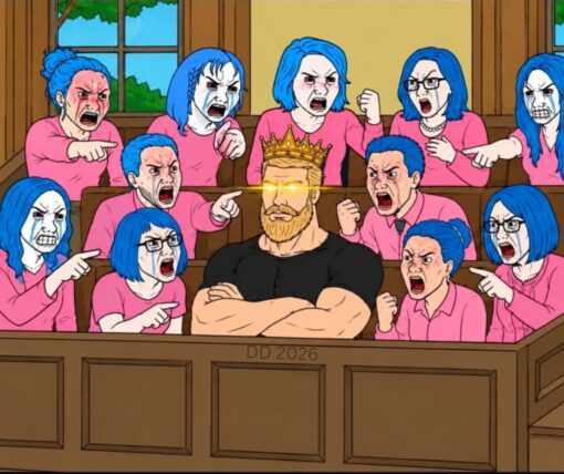 Alpha Memes, Angry Memes, Argument Memes, Cartoon Memes, Funniest Memes, Guy Memes, Judgement Memes, Law Memes, Lindsay Clancy, Men vs Women, Women Memes, A brightly colored cartoon courtroom scene shows a muscular blond man seated at the center with his arms crossed, wearing a gold crown while his eyes glow dramatically. Around him, a crowd of blue-haired people in pink tops lean in from every side, shouting, crying, pointing, clenching fists, and looking furious as if they are accusing or condemning him in court.