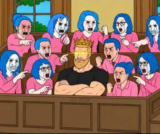 Alpha Memes, Angry Memes, Argument Memes, Cartoon Memes, Funniest Memes, Guy Memes, Judgement Memes, Law Memes, Lindsay Clancy, Men vs Women, Women Memes, A brightly colored cartoon courtroom scene shows a muscular blond man seated at the center with his arms crossed, wearing a gold crown while his eyes glow dramatically. Around him, a crowd of blue-haired people in pink tops lean in from every side, shouting, crying, pointing, clenching fists, and looking furious as if they are accusing or condemning him in court.