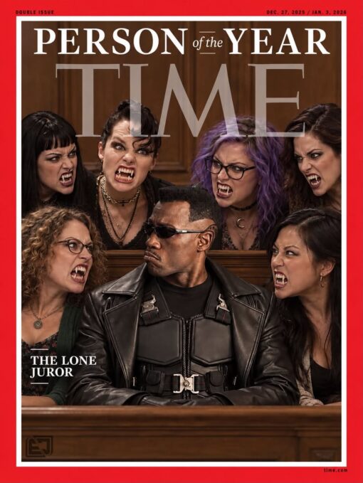 Black Holdout Juror, Black vs White, Current Event Memes, Dark Humor, Funniest Memes, Hold Out Juror, Law Memes, Lindsay Clancy, Mashup Memes, Media Memes, News Memes, Time Memes, Vampire Memes, A fake TIME “Person of the Year” cover is framed in the magazine’s signature red border, with a courtroom-style scene inside. In the center sits a Black man in dark sunglasses and a black leather jacket, looking calm and unbothered while everyone around him appears furious.