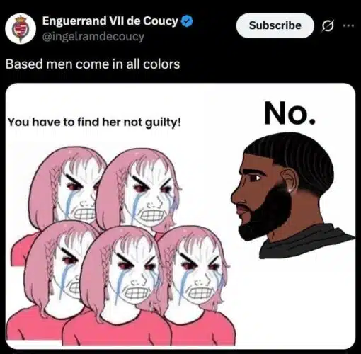 Black Holdout Juror, Black vs White, Current Event Memes, Dark Humor, Funniest Memes, Judgement Memes, Law Memes, Lindsay Clancy, Men vs Women, News Memes, Offensive Memes, Social Media Memes, Twitter Memes, A screenshot of an X/Twitter-style post shows the account “Enguerrand VII de Coucy” with the caption “Based men come in all colors.” Below it is a stark, cartoonish image: a cluster of crying, angry pink-haired Wojak-style women on the left shout, “You have to find her not guilty!”