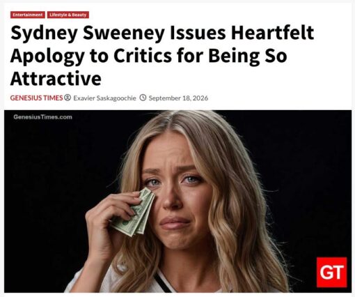 Celebrity Memes, Current Event Memes, Funniest Memes, Hollywood Memes, Hot Girl Memes, Ironic Memes, Looks Memes, Media Memes, News Memes, Pop Culture Memes, Sydney Sweeney Nude ad, The image is styled like a news article screenshot from Genesius Times, with red topic tags reading “Entertainment” and “Lifestyle & Beauty” above a huge headline: “Sydney Sweeney Issues Heartfelt Apology to Critics for Being So Attractive.” Beneath the byline and date, the main image shows a blonde woman posed dramatically against a dark background, holding folded cash to her eye like a tissue while making a tearful, exaggerated sad face.