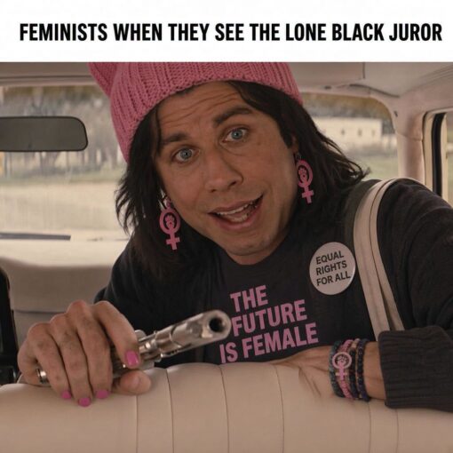 Activist Memes, Black Holdout Juror, Black vs White, Current Event Memes, Double Standard Memes, Feminist Memes, Funniest Memes, Hold Out Juror, Law Memes, Offensive Memes, Political Memes, Stereotype Memes, Women Memes, The meme shows a person dressed in exaggerated feminist-coded accessories: a pink knit hat, pink nail polish, pink female-symbol earrings, bracelets, and a black shirt reading “THE FUTURE IS FEMALE.” A round button on the chest says “EQUAL RIGHTS FOR ALL,” while the person leans forward from the back seat of a car and points a handgun toward the viewer, creating a jarring contrast between activist slogans and sudden menace.