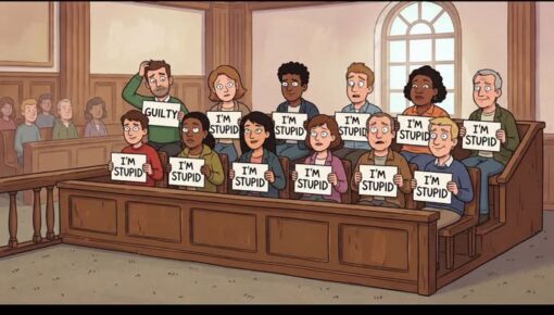 Cartoon Memes, Funniest Memes, Funny Text Memes, Insult Memes, Judgement Memes, Law Memes, Lindsay Clancy, Self Deprecating Memes, Stupid People Memes, A cartoon courtroom scene shows a jury box packed with worried-looking people holding signs. One standing man in the back holds a bold sign that says “GUILTY,” while every other juror holds a matching sign that says “I’M STUPID.” The warm wood-paneled courtroom and serious trial setting make the image feel official and dramatic, but the handwritten signs turn the moment into a ridiculous public confession. The jurors’ blank, nervous, or confused expressions add to the joke, making the whole verdict look less like justice and more like a group self-own.