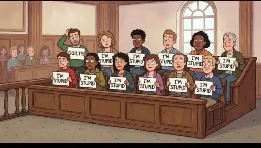 Cartoon Memes, Funniest Memes, Funny Text Memes, Insult Memes, Judgement Memes, Law Memes, Lindsay Clancy, Self Deprecating Memes, Stupid People Memes, A cartoon courtroom scene shows a jury box packed with worried-looking people holding signs. One standing man in the back holds a bold sign that says “GUILTY,” while every other juror holds a matching sign that says “I’M STUPID.” The warm wood-paneled courtroom and serious trial setting make the image feel official and dramatic, but the handwritten signs turn the moment into a ridiculous public confession. The jurors’ blank, nervous, or confused expressions add to the joke, making the whole verdict look less like justice and more like a group self-own.