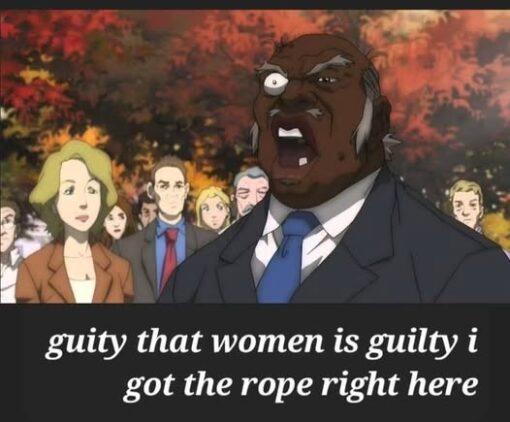 Black Holdout Juror, Black vs White, Cartoon Memes, Current Event Memes, Dark Humor, Death Memes, Funniest Memes, Hold Out Juror, Judgement Memes, Law Memes, Lindsay Clancy, Offensive Memes, Women Memes, The image shows an animated courtroom- or crowd-scene style frame centered on an older Black male cartoon character in a suit and blue tie, glaring forward with one eye bulging and his mouth open as if shouting. Behind him, a group of pale, stunned-looking people stand in a blurry autumn-colored background, making him look like the loud, decisive voice in the middle of a tense public moment. Across the bottom, large white italic text reads: “guity that women is guilty i got the rope right here.” The misspellings and rough grammar are part of the meme’s chaotic tone, making the line feel like a crude, over-the-top verdict rather than a polished statement.