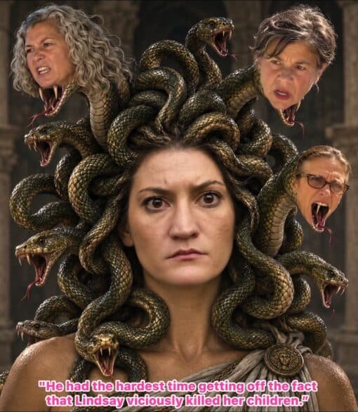 Child Abuse Memes, Current Event Memes, Dark Humor, Death Memes, Funniest Memes, Greek Mythology Memes, Hold Out Juror, Homicide Memes, Lindsay Clancy, Mythology Memes, News Memes, Snake Memes, Tragedy Memes, The image shows a dramatic, fantasy-style Medusa figure staring straight ahead with a stern, emotionless face, her hair replaced by a mass of twisting snakes. Several of the snake heads have been edited to include angry, open-mouthed women’s faces, making the whole figure look like a chorus of hissing accusers around the central woman.