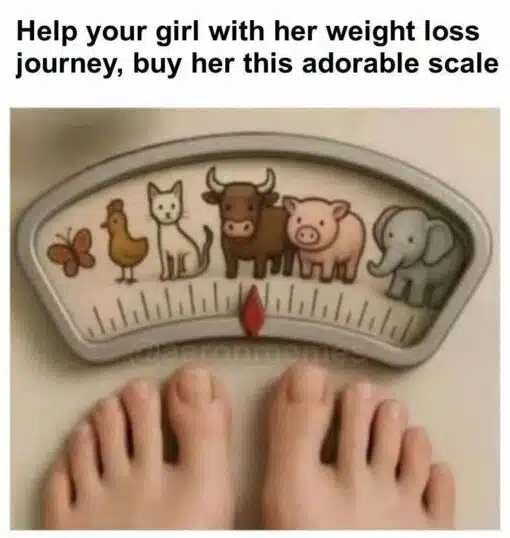 Diet Memes, Double Meaning Memes, Fat Joke Memes, Fitness Memes, Funniest Memes, Girlfriend Memes, Health Memes, Mean Memes, Offensive Memes, Relationship Memes, Savage Memes, Weight Loss Memes, Women Memes, A bathroom scale is shown from above with someone’s bare feet standing on it. Instead of numbers, the dial is illustrated with a cute lineup of animals that get progressively larger: a butterfly, a chicken, a cat, a cow, a pig, and an elephant, with a red pointer indicating where the person lands.