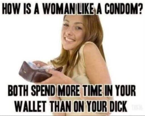 Condom Memes, Dirty Mind Memes, Double Meaning Memes, Funniest Memes, Innuendo Memes, Misogynist Memes, Money Memes, NSFW, Offensive Memes, Penis Memes, Sex Memes, Sexist Memes, Women Memes, A young woman smiles at the camera while holding an open wallet, with large black impact-style meme text above and below her. The top line sets up a crude question comparing a woman to a condom, while the bottom delivers the punchline about both supposedly spending more time in a man’s wallet than being used sexually. The image has the look of an older internet joke meme: a simple stock-photo-style image, white background, and bold all-caps text designed to make the punchline hit instantly.