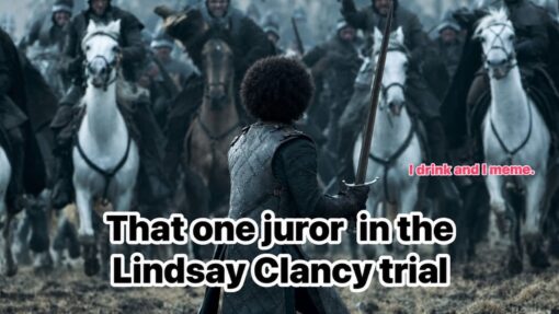 Alcohol Memes, Current Event Memes, Dark Humor, Drinking Memes, Funniest Memes, Game of Thrones, Hold Out Juror, Law Memes, Lindsay Clancy, Memes About Memes, News Memes, Tragedy Memes, A lone armored figure stands with a sword drawn in the middle of a muddy battlefield, facing a wall of charging horses and soldiers. The scene has a cold, gray, cinematic intensity, making the person look wildly outnumbered but stubbornly unmovable.