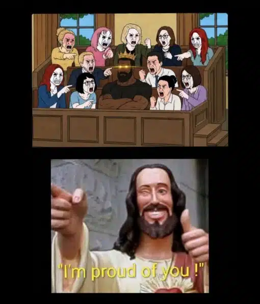 Argument Memes, Black Holdout Juror, Cartoon Memes, Confidence Memes, Funniest Memes, Jesus Memes, Judgement Memes, Proud Memes, Wholesome Family Friendly, The meme is split into two stacked images on a black background. The top panel shows a cartoon courtroom scene where an imposing Black man with a crown and glowing eyes sits calmly in the jury box, arms crossed, while the other jurors around him scream, point, and rage at him with exaggerated angry faces.