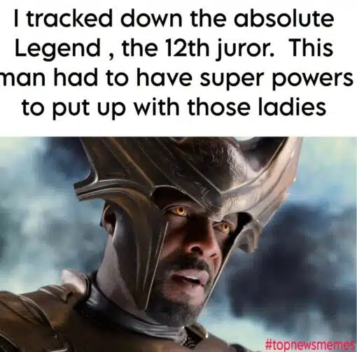 Black Holdout Juror, Current Event Memes, Funniest Memes, Judgement Memes, Law Memes, Lindsay Clancy, Marvel Memes, Men vs Women, Movie Memes, News Memes, Super Hero Memes, Super Power Memes, Women Memes, The meme pairs oversized black caption text on a white background with a dramatic close-up of Heimdall from Marvel’s Thor films, shown in ornate Asgardian armor with a huge helmet and glowing golden eyes. The red “#topnewsmemes” tag sits in the lower-right corner, making it feel like a social-media reaction post rather than a traditional image macro. Visually, the joke treats an anonymous “12th juror” like a mythic warrior: calm, intense, and almost supernatural. The heroic movie still makes the juror sound less like an ordinary person in a jury room and more like someone who survived an epic battle.