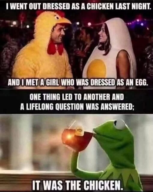 Animal Memes, Bird Memes, Chicken Memes, Costume Memes, Dad Joke Memes, Dating Memes, Double Meaning Memes, Funniest Memes, Innuendo Memes, Kermit Memes, None of My Business Kermit, One Night Stand Memes, Pun Memes, The meme shows a nightlife or party scene where a man in a fluffy yellow chicken costume is smiling at a woman dressed as an egg, complete with a white oval body and yellow yolk center. Large bold white caption text frames the encounter as the beginning of a strange but romantic—or at least suggestive—story. The final panel cuts to Kermit the Frog calmly sipping tea, delivering the punchline: “IT WAS THE CHICKEN.” The image combines a costume-party snapshot with a classic reaction-meme style, making the joke feel like a mock-serious revelation.