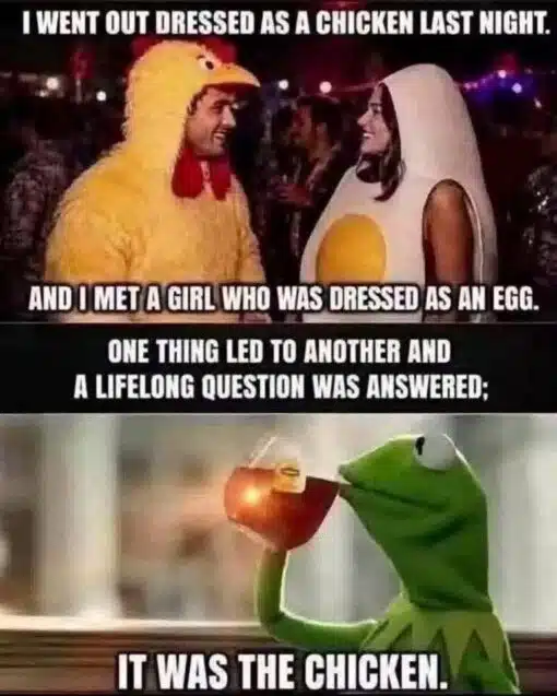 Animal Memes, Bird Memes, Chicken Memes, Costume Memes, Dad Joke Memes, Dating Memes, Double Meaning Memes, Funniest Memes, Innuendo Memes, Kermit Memes, None of My Business Kermit, One Night Stand Memes, Pun Memes, The meme shows a nightlife or party scene where a man in a fluffy yellow chicken costume is smiling at a woman dressed as an egg, complete with a white oval body and yellow yolk center. Large bold white caption text frames the encounter as the beginning of a strange but romantic—or at least suggestive—story. The final panel cuts to Kermit the Frog calmly sipping tea, delivering the punchline: “IT WAS THE CHICKEN.” The image combines a costume-party snapshot with a classic reaction-meme style, making the joke feel like a mock-serious revelation.