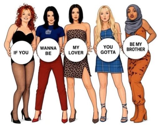 90s Memes, Brother Memes, Funniest Memes, Incest Memes, Music Memes, Pop Culture Memes, Song Memes, WTF Memes, A polished, cartoon-style lineup shows five Spice Girls-inspired pop stars standing side by side against a plain white background, each holding a round white sign. Together, the signs form the lyric-like phrase: “IF YOU / WANNA BE / MY LOVER / YOU GOTTA / BE MY BROTHER.” The image mimics the look of a nostalgic 1990s girl-group poster: bold outfits, dramatic poses, and a clean pop-culture presentation. The bright, glamorous setup makes the final wording feel even more absurd when the expected romantic pop lyric suddenly turns into a bizarre family-related punchline.
