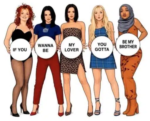 90s Memes, Brother Memes, Funniest Memes, Incest Memes, Music Memes, Pop Culture Memes, Song Memes, WTF Memes, A polished, cartoon-style lineup shows five Spice Girls-inspired pop stars standing side by side against a plain white background, each holding a round white sign. Together, the signs form the lyric-like phrase: “IF YOU / WANNA BE / MY LOVER / YOU GOTTA / BE MY BROTHER.” The image mimics the look of a nostalgic 1990s girl-group poster: bold outfits, dramatic poses, and a clean pop-culture presentation. The bright, glamorous setup makes the final wording feel even more absurd when the expected romantic pop lyric suddenly turns into a bizarre family-related punchline.
