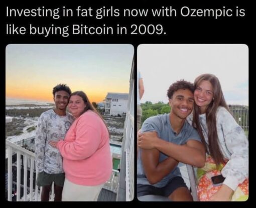 Crypto Memes, Dating Memes, Diet Memes, Fat Joke Memes, Finance Memes, Funniest Memes, Girls Memes, Health Memes, Money Memes, Offensive Memes, Sexist Memes, Weight Loss Memes, Women Memes, A black-background meme places a bold white caption above two side-by-side couple photos. On the left, a young man poses with a plus-size woman in a pink sweatshirt on a beach balcony at sunset; on the right, the same man appears with a slimmer young woman in a bright outdoor setting, implying a dramatic “before and after” transformation.