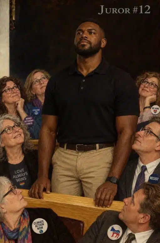 Abortion Memes, Activist Memes, Black Holdout Juror, Climate Change Memes, Current Event Memes, Funniest Memes, Judgement Memes, Law Memes, Leftist Memes, News Memes, Political Memes, Pride Memes, White Liberals Memes, The image is painted like a solemn courtroom portrait: a serious Black man in a black polo stands upright at the jury box, hands planted on the wooden rail, looking determined and immovable. Above him, the words “Juror #12” appear in formal lettering, giving him the heroic spotlight of a legal-drama protagonist. Around him, mostly older white jurors gaze up at him with admiration, concern, or pleading expressions. Their buttons and shirts are covered in progressive-coded slogans and symbols: “coexist,” “BODIES AUTONOMY CHOICE,” “BE KIND,” “LOVE ALWAYS WINS,” “RESIST,” “CLIMATE ACTION NOW,” and a Democratic donkey pin.