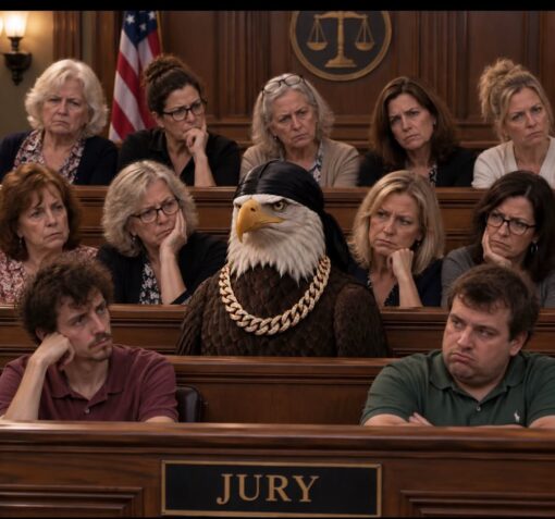 American Memes, Animal Memes, Bird Memes, Funniest Memes, Judgement Memes, Law Memes, WTF Memes, A courtroom jury box is packed with stern, skeptical-looking people seated in neat rows behind polished wooden railings. In the center of the jury sits a bald eagle, dressed like a tough guy with a black bandana and a thick gold chain, staring forward with intense, no-nonsense seriousness. At the front of the box, a plaque reads “JURY,” making the scene look like an official court setting despite the absurd presence of a patriotic bird among ordinary jurors.