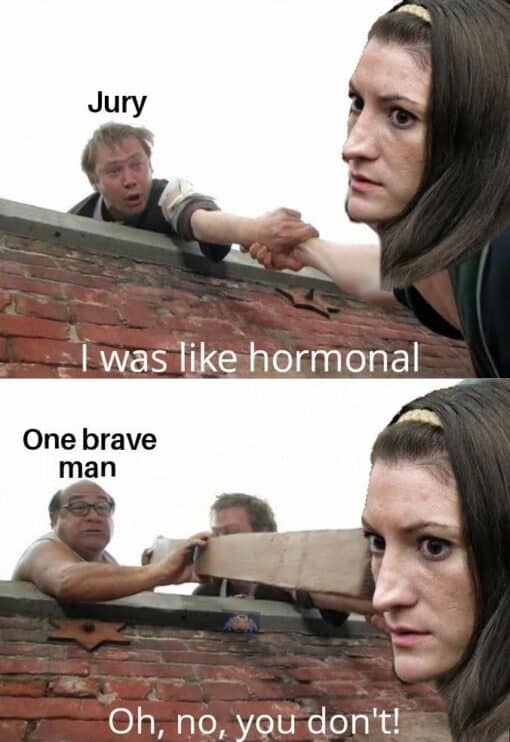 Current Event Memes, Dark Humor, Funniest Memes, Homicide Memes, Judgement Memes, Law Memes, Lindsay Clancy, Men vs Women, Mom Memes, News Memes, Offensive Memes, Pregnancy Memes, Women Memes, A two-panel reaction meme shows a dramatic rooftop scene: in the first panel, a man labeled “Jury” reaches over a brick ledge to grab the hand of a stern-faced woman whose face has been edited into the image. Across the bottom, the caption reads, “I was like hormonal,” suggesting the woman is being pulled to safety by sympathy or persuasion. In the second panel, another man labeled “One brave man” appears at the ledge with a wooden plank, blocking the rescue attempt. The woman’s expression remains intense, and the bottom caption says, “Oh, no, you don't!” turning the scene into a visual tug-of-war between leniency and refusal.