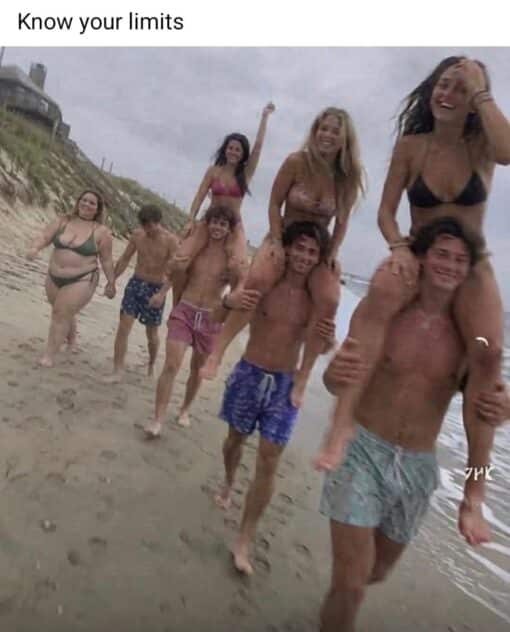 Adage Memes, Fat Joke Memes, Fitness Memes, Funniest Memes, Ironic Memes, Motivational Memes, People Memes, Pics Gone Wrong, Relationship Memes, Swimming Memes, Wise Sayings Memes, A beach photo shows several young couples walking along the shoreline in swimsuits. On the right and center, men are carrying women on their shoulders in a playful, carefree pose, while on the left a heavier woman walks beside a much smaller man who is simply holding her hand instead of lifting her.