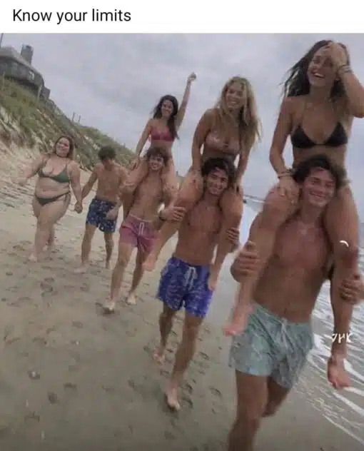 Adage Memes, Fat Joke Memes, Fitness Memes, Funniest Memes, Ironic Memes, Motivational Memes, People Memes, Pics Gone Wrong, Relationship Memes, Swimming Memes, Wise Sayings Memes, A beach photo shows several young couples walking along the shoreline in swimsuits. On the right and center, men are carrying women on their shoulders in a playful, carefree pose, while on the left a heavier woman walks beside a much smaller man who is simply holding her hand instead of lifting her.