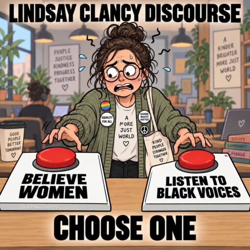 Activist Memes, Black Holdout Juror, BLM Memes, Current Event Memes, Dark Humor, Double Standard Memes, Feminist Memes, Funniest Memes, Hold Out Juror, Lindsay Clancy, News Memes, Political Memes, Sweating The Choice, A cartoonish, activist-coded woman stands panicked in a cozy modern café or community workspace, surrounded by potted plants, laptops, soft lighting, and inspirational progressive posters. She wears glasses, a messy bun, a cardigan, a rainbow pin, and buttons reading “EQUALITY FOR ALL” and “HUMAN RIGHTS MATTER,” with more feel-good slogans scattered across her shirt, tote bag, posters, and coffee cup. In front of her are two giant red-button choices: one labeled “BELIEVE WOMEN,” the other “LISTEN TO BLACK VOICES.” Her hands hover over both buttons while sweat flies off her face, and the huge caption at the top frames the scene as “LINDSAY CLANCY DISCOURSE,” with “CHOOSE ONE” in heavy black letters at the bottom.