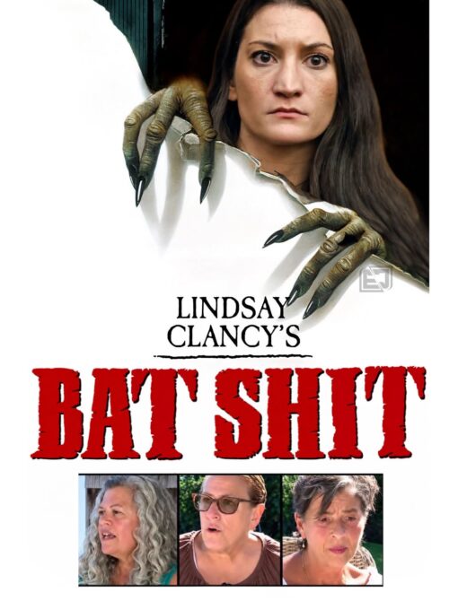 Current Event Memes, Dark Humor, Funniest Memes, Homicide Memes, Horror Memes, Lindsay Clancy, Mashup Memes, Mom Memes, Movie Cover Memes, News Memes, Offensive Memes, Psychotic Memes, Tragedy Memes, The image is styled like a horror-movie poster: a serious-faced woman peers out from behind a torn white surface while two monstrous, greenish clawed hands grip the ripped edges. Beneath her face, the title appears in dramatic poster typography, with “LINDSAY CLANCY’S” in black and “BAT SHIT” in huge distressed red letters, making the whole image feel like a fake supernatural thriller release.