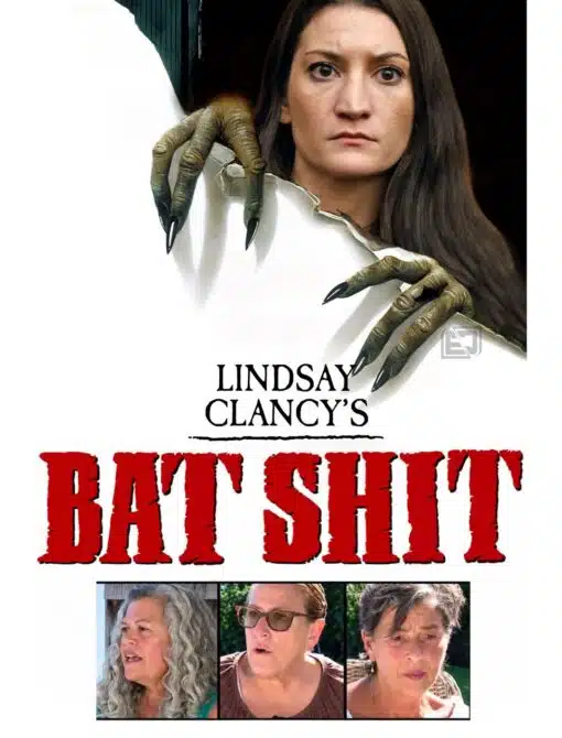 Current Event Memes, Dark Humor, Funniest Memes, Homicide Memes, Horror Memes, Lindsay Clancy, Mashup Memes, Mom Memes, Movie Cover Memes, News Memes, Offensive Memes, Psychotic Memes, Tragedy Memes, The image is styled like a horror-movie poster: a serious-faced woman peers out from behind a torn white surface while two monstrous, greenish clawed hands grip the ripped edges. Beneath her face, the title appears in dramatic poster typography, with “LINDSAY CLANCY’S” in black and “BAT SHIT” in huge distressed red letters, making the whole image feel like a fake supernatural thriller release.