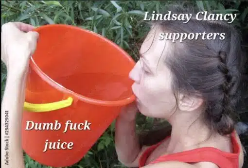 Current Event Memes, Dark Humor, Drinking Memes, Dumb Take Memes, Funniest Memes, Homicide Memes, Insult Memes, Lindsay Clancy, News Memes, Offensive Memes, Rude Memes, Stupid People Memes, Tragedy Memes, The meme uses a stock-photo-style image of a young girl outdoors, pressed up to the rim of a large orange bucket as if she is drinking straight from it. The bucket dominates the left side of the frame, while leafy greenery fills the background, giving the scene a candid, awkward snapshot feel. White italic caption text labels the person as “Lindsay Clancy supporters,” while the bucket is labeled “Dumb fuck juice.” Along the edge and across the image, the Adobe Stock watermark and image number are still visible, adding to the low-effort, blunt internet-meme aesthetic.