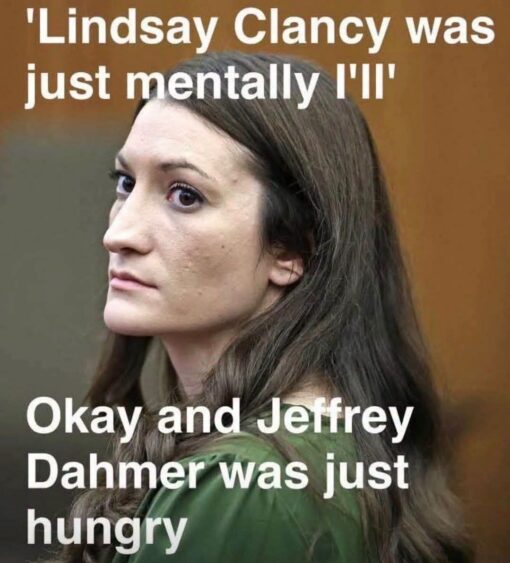 Cannibal Memes, Child Abuse Memes, Current Event Memes, Dark Humor, Double Standard Memes, Funniest Memes, Homicide Memes, Hungry Memes, Jeffrey Dahmer Memes, News Memes, Offensive Memes, Psychology Memes, Serial Killer Memes, The meme shows a courtroom-style photo of Lindsay Clancy looking off to the side with a tense, expressionless face. Large white block text fills the top and bottom of the image, framing her face like a harsh public judgment or rebuttal. The top line presents a sympathetic-sounding defense — “Lindsay Clancy was just mentally I’ll” — while the bottom line snaps back with the exaggerated comparison: “Okay and Jeffrey Dahmer was just hungry.”